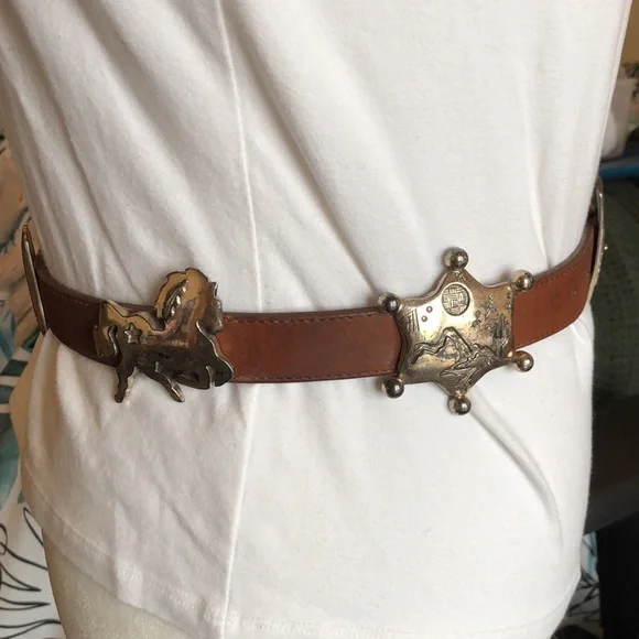 Brown Leather Cowboy Belt with Silvertone Accents - Picture 2 of 10